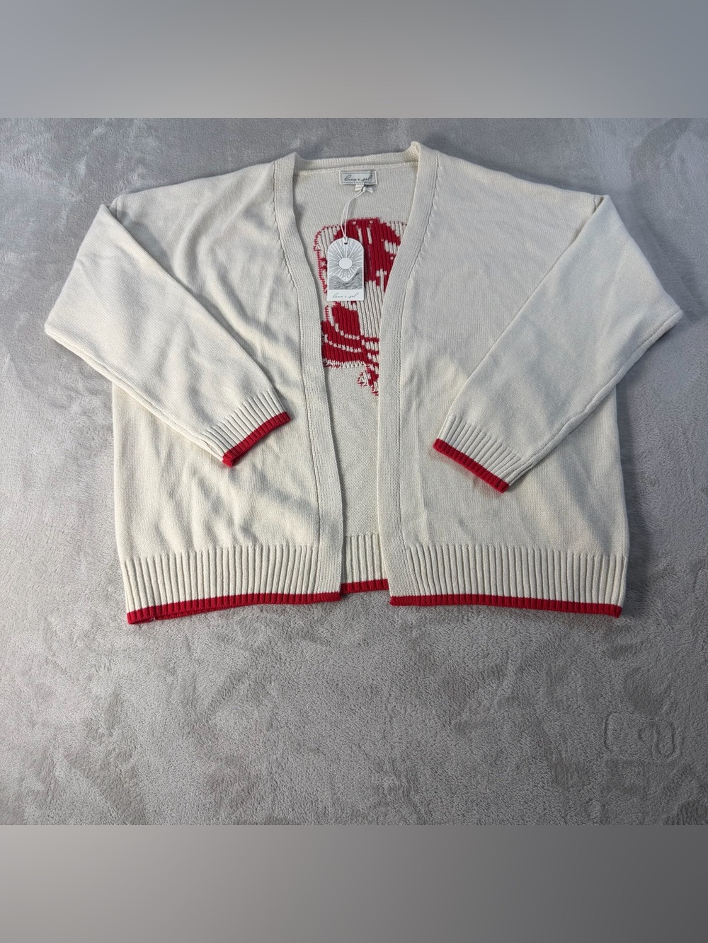 Luna X Sol Lobster Graphic Cardigan Women M Cream Red Cotton Knit Coastal Sweate